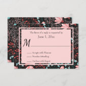 ピンクとティール(緑がかった色)の花RSVP 出欠カード (正面/裏面)