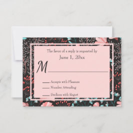 ピンクとティール(緑がかった色)の花RSVP 出欠カード