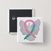 ピンクとティール（緑がかった色）の認識度リボンエンジェルボタンピン 缶バッジ (正面&裏面)