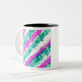 ピンクとティール（緑がかった色）（ばちゃばちゃ）跳ねる 動揺して ツートーンマグカップ (正面左)