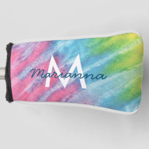 ピンクとティール（緑がかった色）ガーリー絞り染めモノグラムの ゴルフヘッドカバー