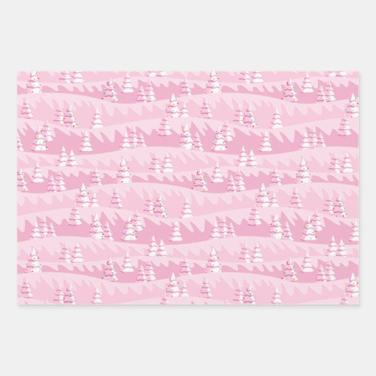 ピンクとティール(緑がかった色)クリスマスツリー ラッピングペーパーシート (正面)