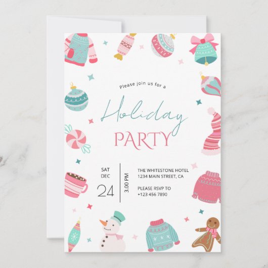 ピンクとティール（緑がかった色）クリスマス招待状 招待状 (正面)