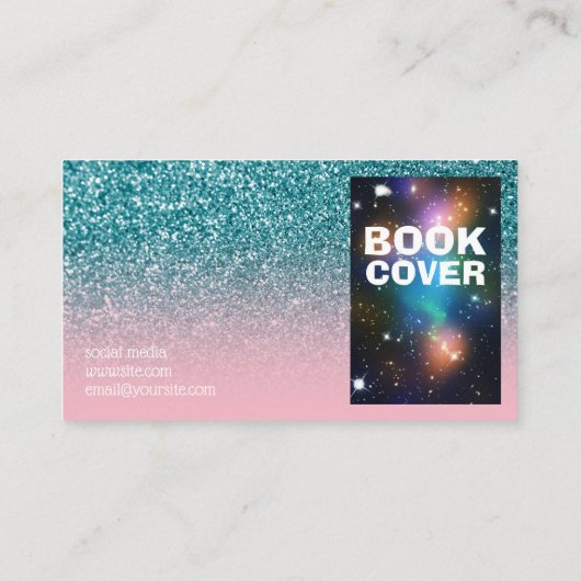 ピンクとティール（緑がかった色）グラデーショングリッターフォト作家 名刺 (裏面)