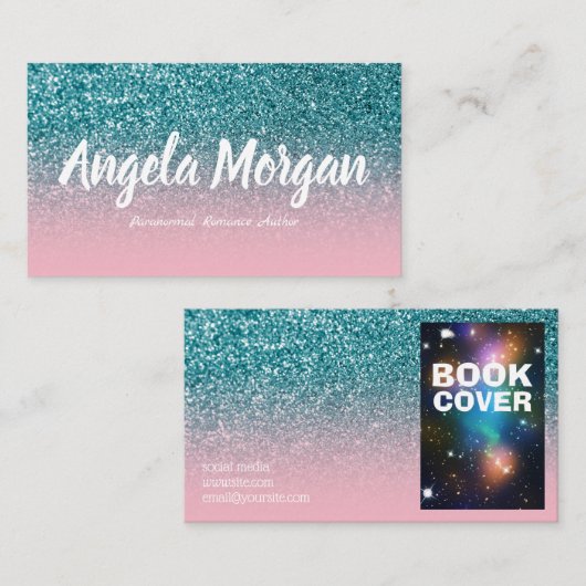 ピンクとティール(緑がかった色)グラデーショングリッターフォト作家 名刺 (正面/裏面)