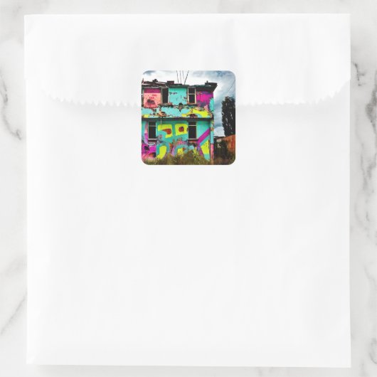 ピンクとティール(緑がかった色)グラフィティアート |捨てられた家 スクエアシール (バッグ)