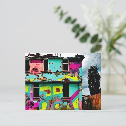 ピンクとティール(緑がかった色)グラフィティアート |捨てられた家 ポストカード (スタンド正面)