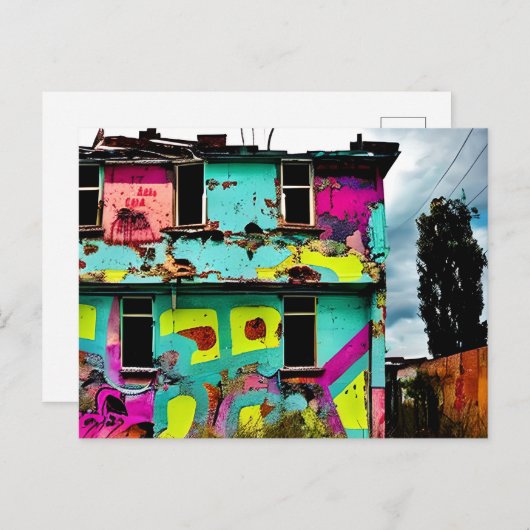 ピンクとティール(緑がかった色)グラフィティアート |捨てられた家 ポストカード (正面/裏面)