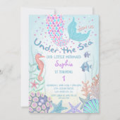 ピンクとティール(緑がかった色)ザシーマーメイド誕生日 招待状 (正面)
