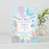 ピンクとティール(緑がかった色)ザシーマーメイド誕生日 招待状 (スタンド正面)