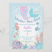 ピンクとティール(緑がかった色)ザシーマーメイド誕生日 招待状 (正面/裏面)