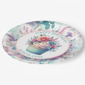 ピンクとティール（緑がかった色）シャビーシックフローラパーティー ペーパープレート (アングル)