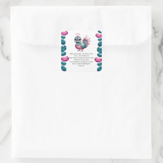 ピンクとティール（緑がかった色）ジュエルベビーピーコックベビーシャワー スクエアシール (バッグ)