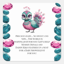 ピンクとティール(緑がかった色)ジュエルベビーピーコックベビーシャワー スクエアシール