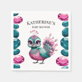 ピンクとティール(緑がかった色)ジュエルベビーピーコックベビーシャワー スタンダードカクテルナプキン