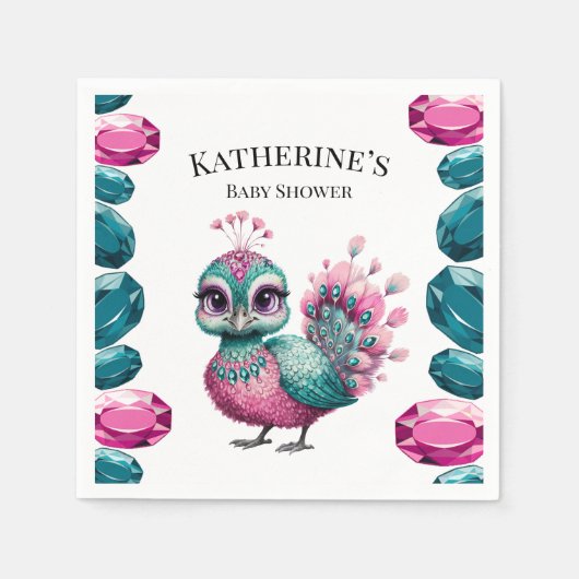 ピンクとティール（緑がかった色）ジュエルベビーピーコックベビーシャワー スタンダードカクテルナプキン (正面)