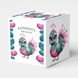 ピンクとティール(緑がかった色)ジュエルベビーピーコックベビーシャワー フェイバーボックス