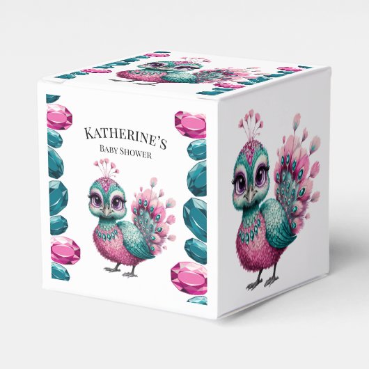 ピンクとティール（緑がかった色）ジュエルベビーピーコックベビーシャワー フェイバーボックス (正面サイド)