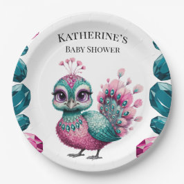 ピンクとティール(緑がかった色)ジュエルベビーピーコックベビーシャワー ペーパープレート