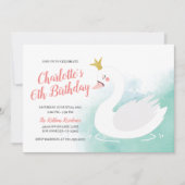 ピンクとティール（緑がかった色）スワンプリンセスガール誕生日 招待状 (正面)