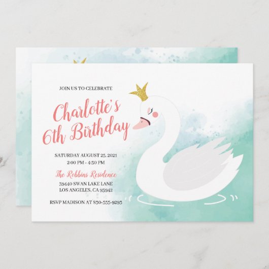 ピンクとティール（緑がかった色）スワンプリンセスガール誕生日 招待状 (正面/裏面)