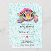 ピンクとティール(緑がかった色)タートルガールベビーシャワー 招待状 (正面/裏面)