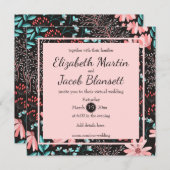 ピンクとティール（緑がかった色）ダークフローラルパターンバーチャル結婚ズ 招待状 (正面/裏面)