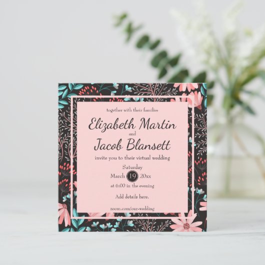 ピンクとティール(緑がかった色)ダークフローラルパターンバーチャル結婚ズ 招待状 (スタンド正面)