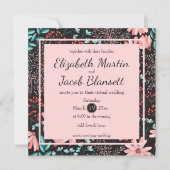 ピンクとティール(緑がかった色)ダークフローラルパターンバーチャル結婚ズ 招待状 (正面)