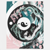 ピンクとティール（緑がかった色）ドラゴンズアジアの風景陰陽 フリースブランケット (正面)