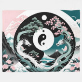 ピンクとティール（緑がかった色）ドラゴンズアジアの風景陰陽 フリースブランケット (正面(横))