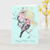 ピンクとティール(緑がかった色)ハミングバーズマザーズデイ カード (黄色い花)