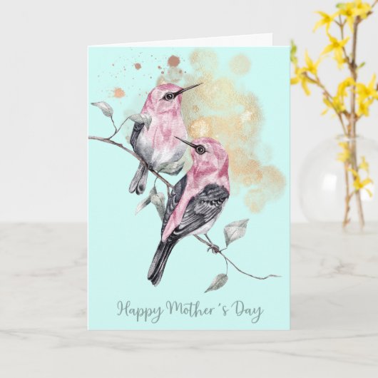 ピンクとティール（緑がかった色）ハミングバーズマザーズデイ カード (黄色い花)