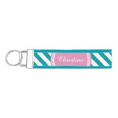 ピンクとティール（緑がかった色）パーソナライズされた対角ストライプ女の子 リストバンドキーホルダー (鍵左)