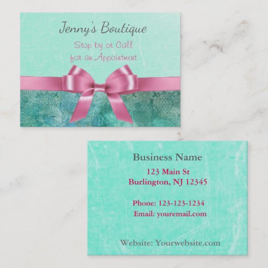 ピンクとティール（緑がかった色）ピンクボウグリッター名刺 予約カード (正面/裏面)