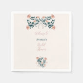 ピンクとティール(緑がかった色)フォークアートフローラ スタンダードカクテルナプキン (正面)