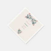 ピンクとティール(緑がかった色)フォークアートフローラ スタンダードカクテルナプキン (角)