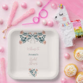 ピンクとティール（緑がかった色）フォークアートフローラ ペーパープレート (パーティー)