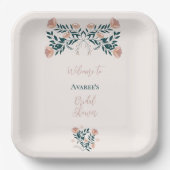 ピンクとティール（緑がかった色）フォークアートフローラ ペーパープレート (正面)