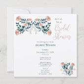 ピンクとティール(緑がかった色)フォークアートフローラ 招待状 (正面)
