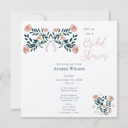 ピンクとティール（緑がかった色）フォークアートフローラ 招待状 (正面)