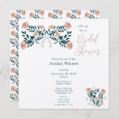 ピンクとティール（緑がかった色）フォークアートフローラ 招待状 (正面/裏面)