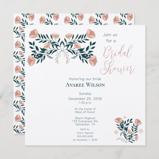 ピンクとティール(緑がかった色)フォークアートフローラ 招待状 (正面/裏面)