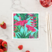 ピンクとティール（緑がかった色）フローラ スタンダードカクテルナプキン (インサイチュ)