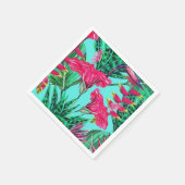 ピンクとティール（緑がかった色）フローラ スタンダードカクテルナプキン (角)