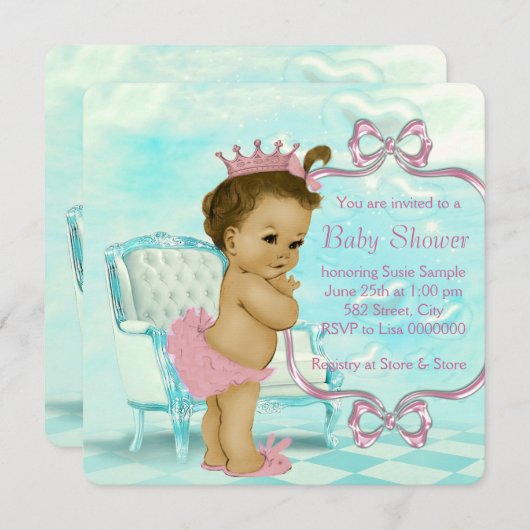 ピンクとティール（緑がかった色）ブルーのアフリカ系アメリカ人ベビーシャワー 招待状 (正面/裏面)