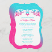 ピンクとティール（緑がかった色）ブルーの渦巻きバルミツワー 招待状 (正面/裏面)