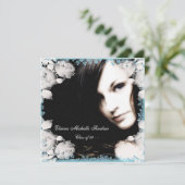 ピンクとティール（緑がかった色）ブルーガールズ写真卒業 招待状 (スタンド正面)