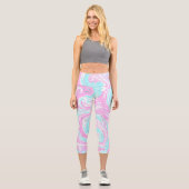 ピンクとティール（緑がかった色）ブルーコットンキャンディカラーズマーブル カプリレギンス (正面)