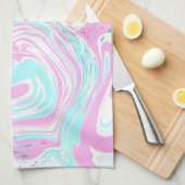 ピンクとティール(緑がかった色)ブルーコットンキャンディカラーズマーブル キッチンタオル (四つ折り)